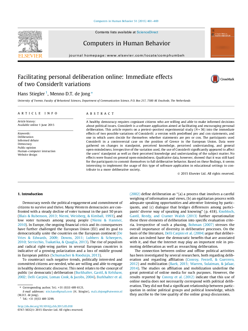 Facilitating personal deliberation online: Immediate effects of two ConsiderIt variations