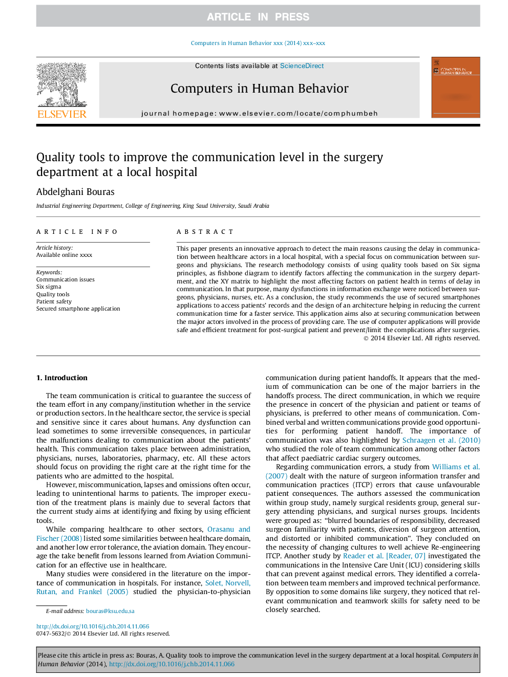 Quality tools to improve the communication level in the surgery department at a local hospital