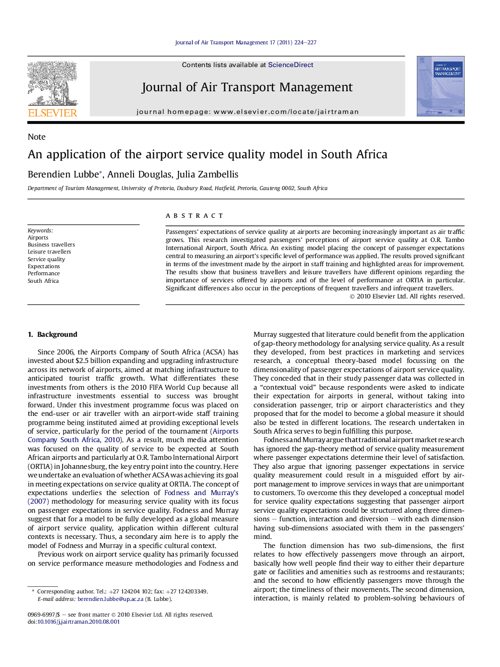 An application of the airport service quality model in South Africa