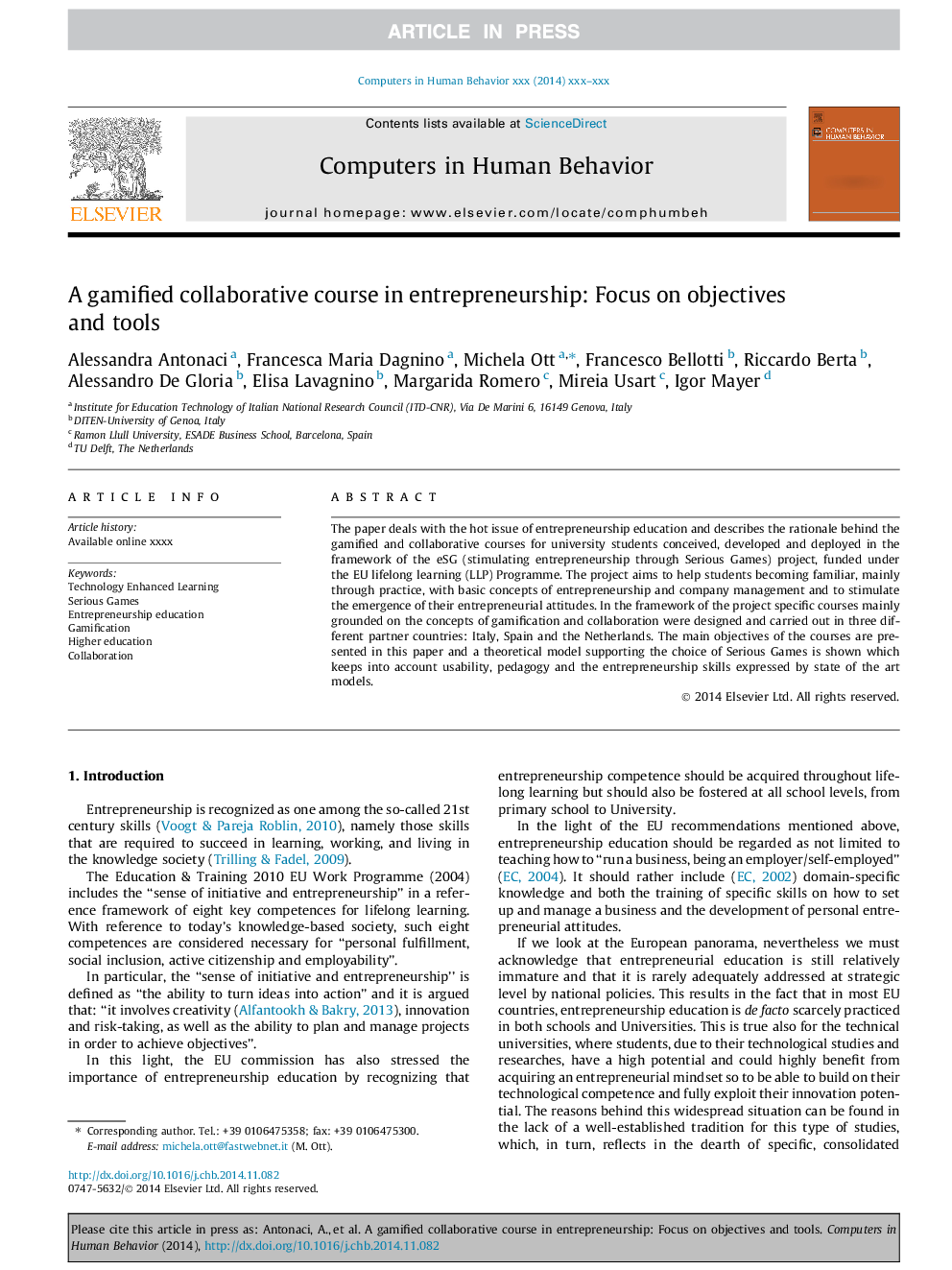 A gamified collaborative course in entrepreneurship: Focus on objectives and tools