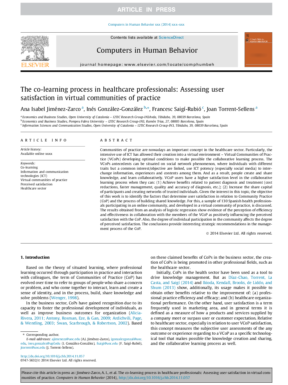 The co-learning process in healthcare professionals: Assessing user satisfaction in virtual communities of practice