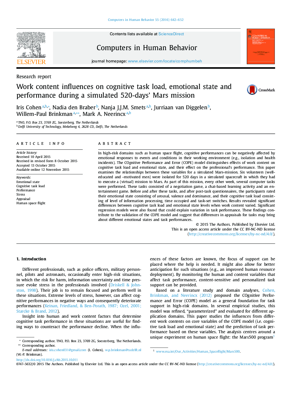 Work content influences on cognitive task load, emotional state and performance during a simulated 520-days' Mars mission