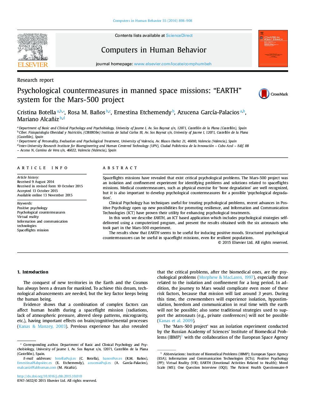 Psychological countermeasures in manned space missions: “EARTH” system for the Mars-500 project