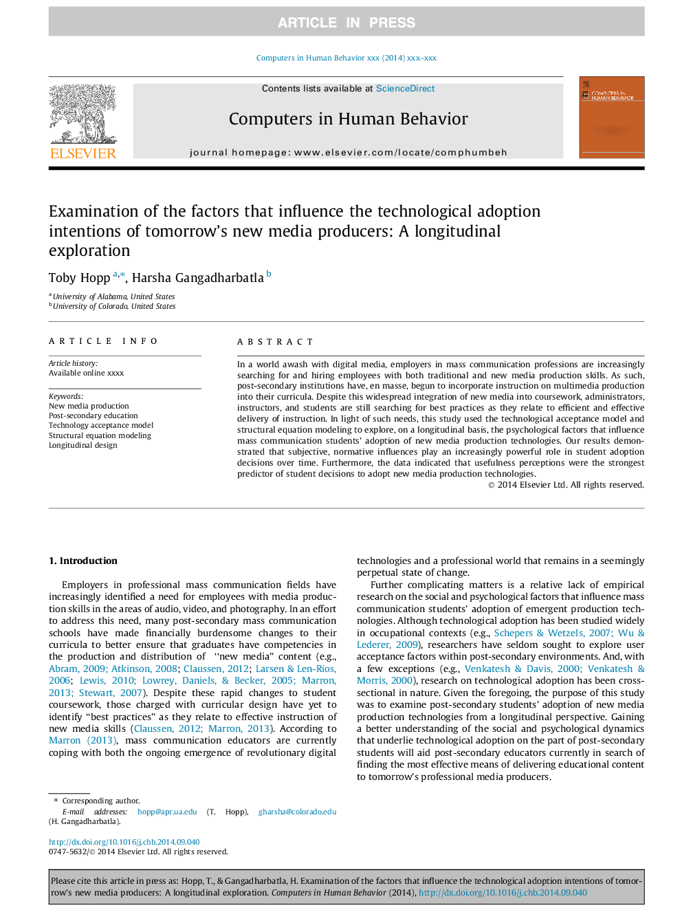 Examination of the factors that influence the technological adoption intentions of tomorrow's new media producers: A longitudinal exploration