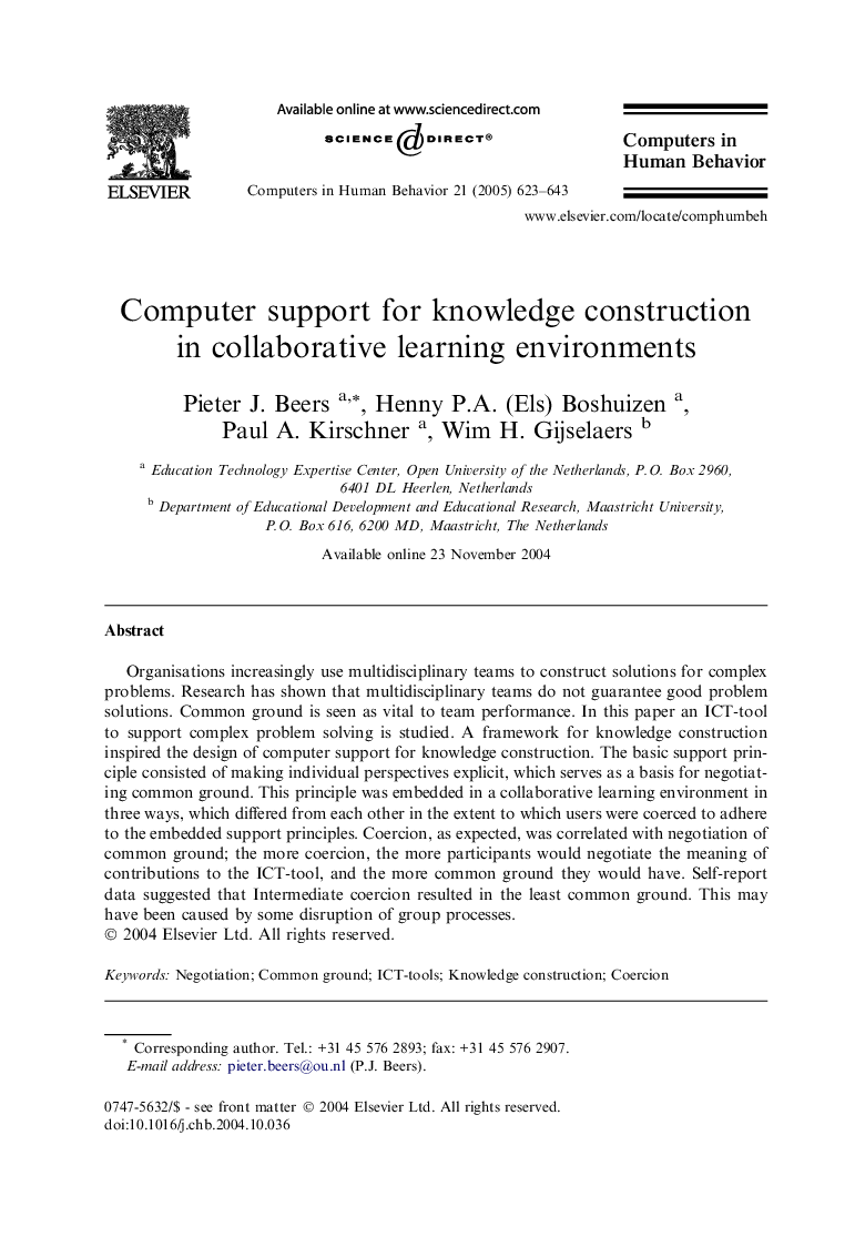 Computer support for knowledge construction in collaborative learning environments