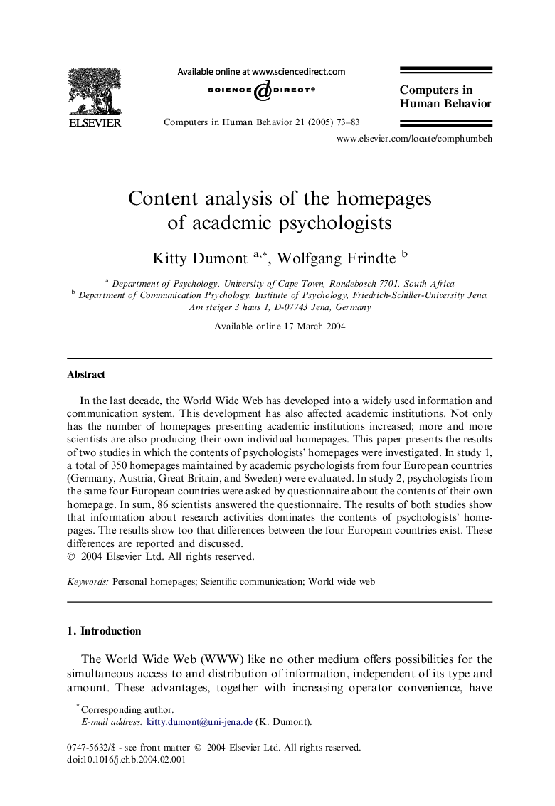Content analysis of the homepages of academic psychologists