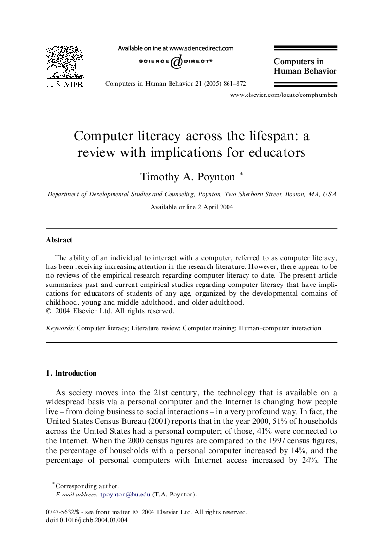 Computer literacy across the lifespan: a review with implications for educators