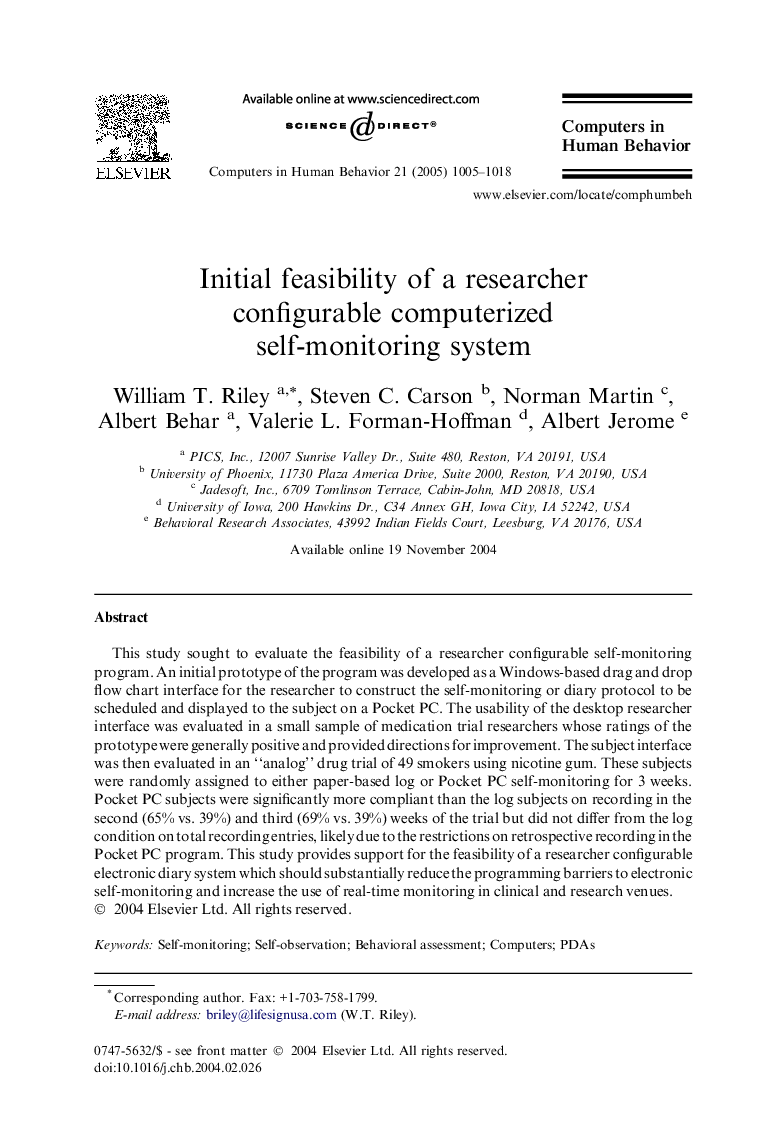 Initial feasibility of a researcher configurable computerized self-monitoring system