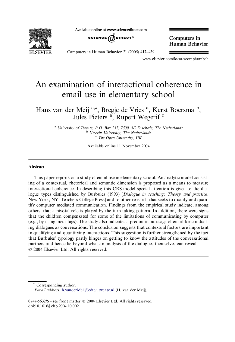 An examination of interactional coherence in email use in elementary school