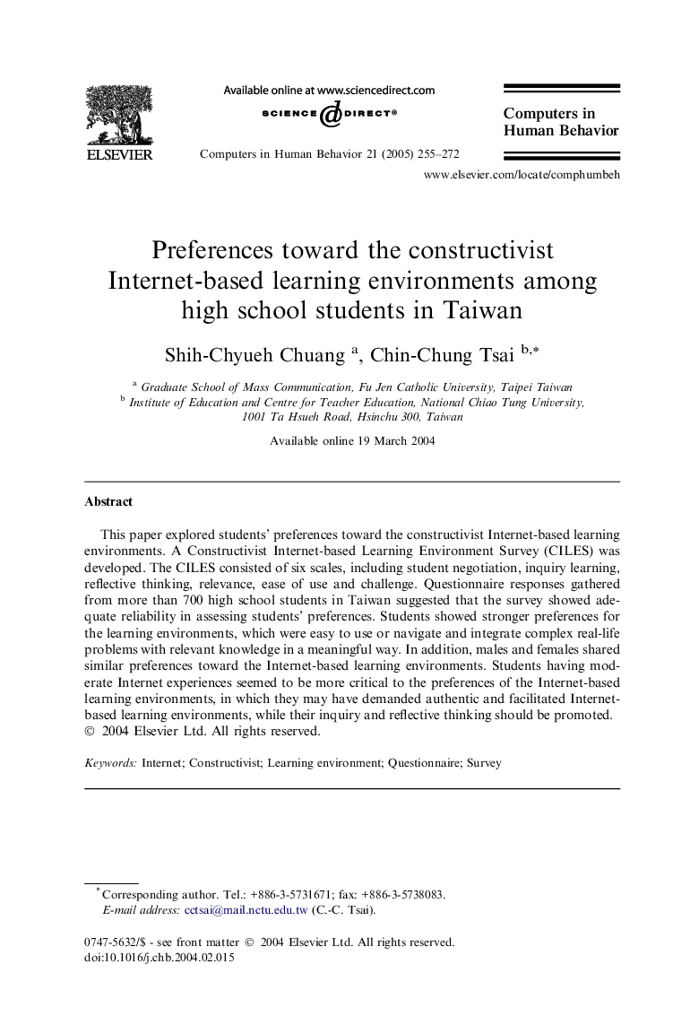 Preferences toward the constructivist Internet-based learning environments among high school students in Taiwan