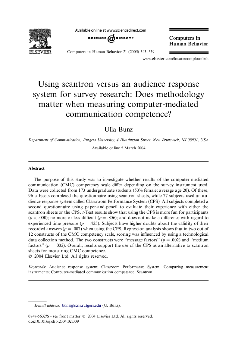 Using scantron versus an audience response system for survey research: Does methodology matter when measuring computer-mediated communication competence?