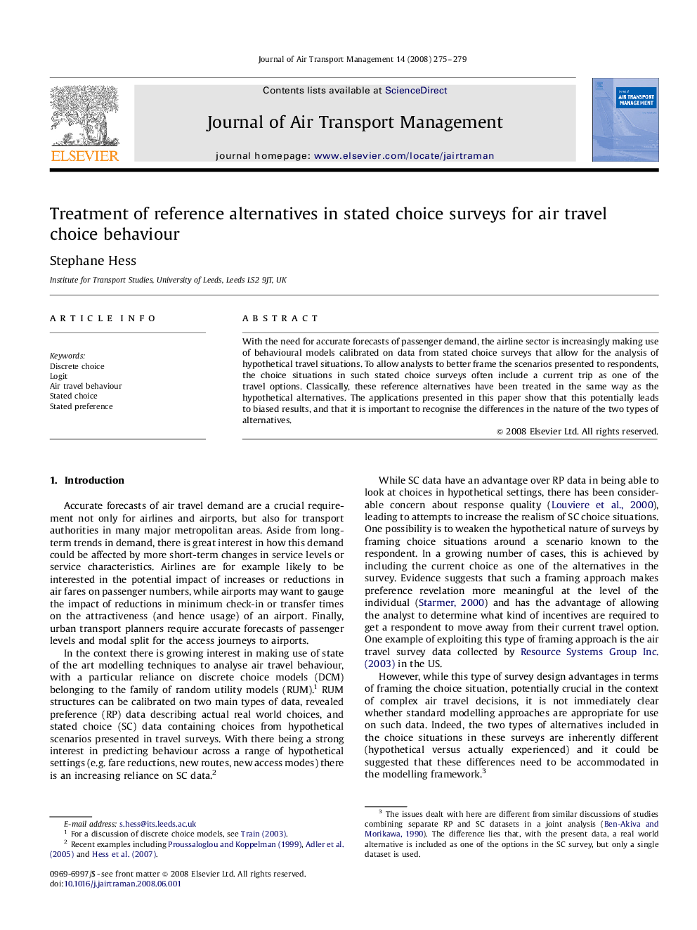 Treatment of reference alternatives in stated choice surveys for air travel choice behaviour