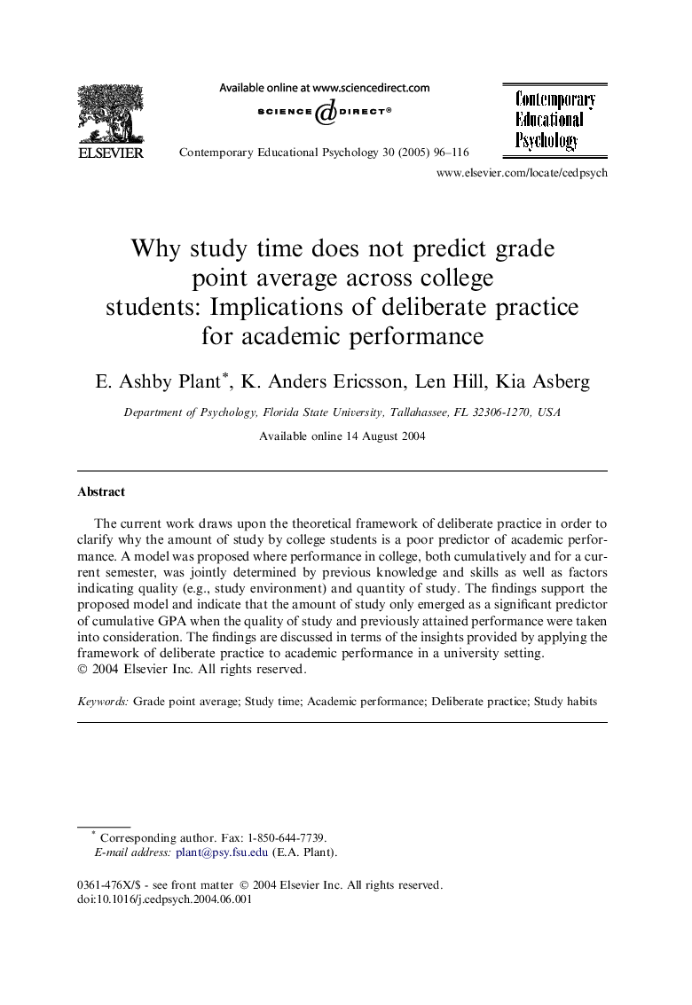 Why study time does not predict grade point average across college students: Implications of deliberate practice for academic performance