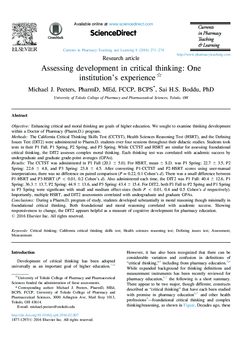 Assessing development in critical thinking: One institution's experience