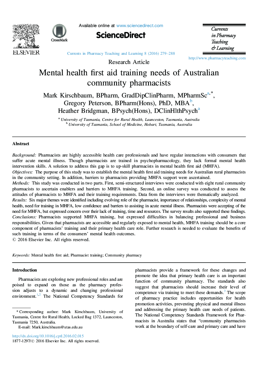 Mental health first aid training needs of Australian community pharmacists
