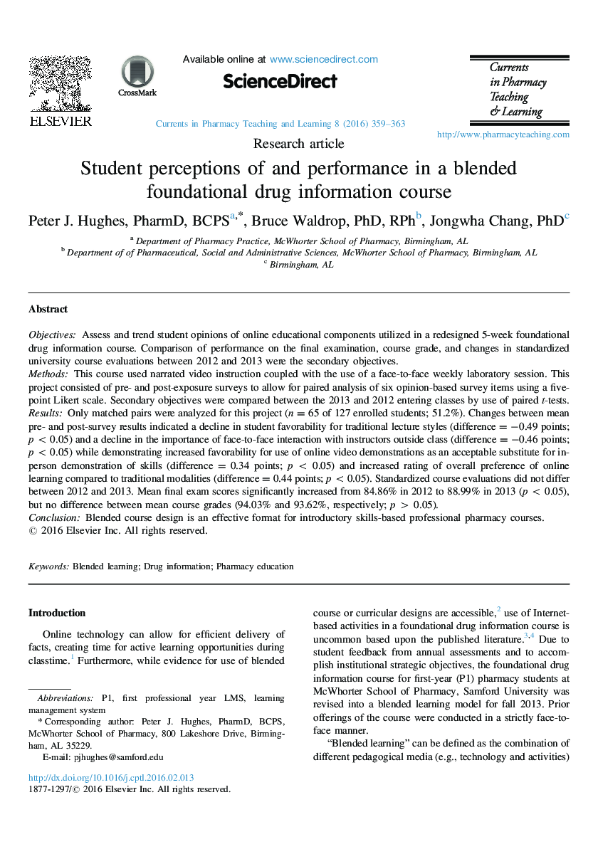 Student perceptions of and performance in a blended foundational drug information course