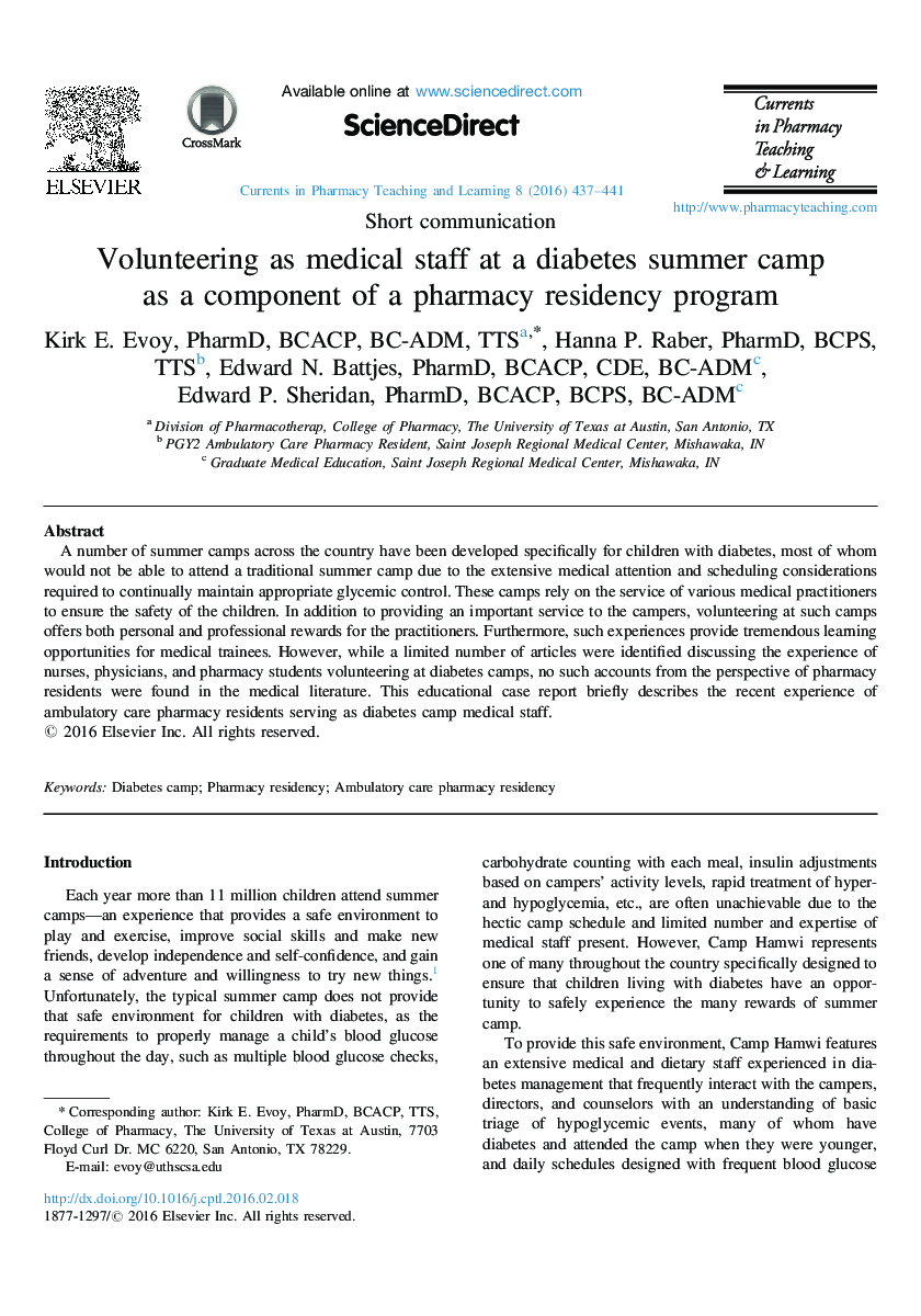 Volunteering as medical staff at a diabetes summer camp as a component of a pharmacy residency program