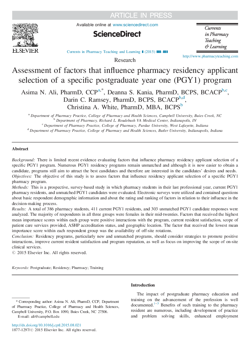 Assessment of factors that influence pharmacy residency applicant selection of a specific postgraduate year one (PGY1) program
