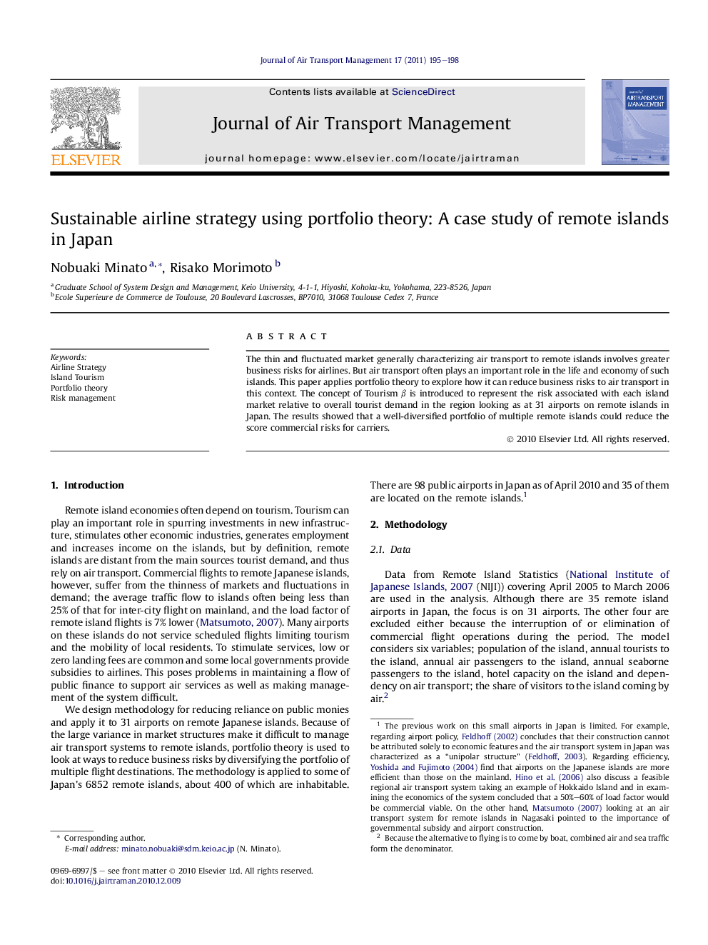 Sustainable airline strategy using portfolio theory: A case study of remote islands in Japan