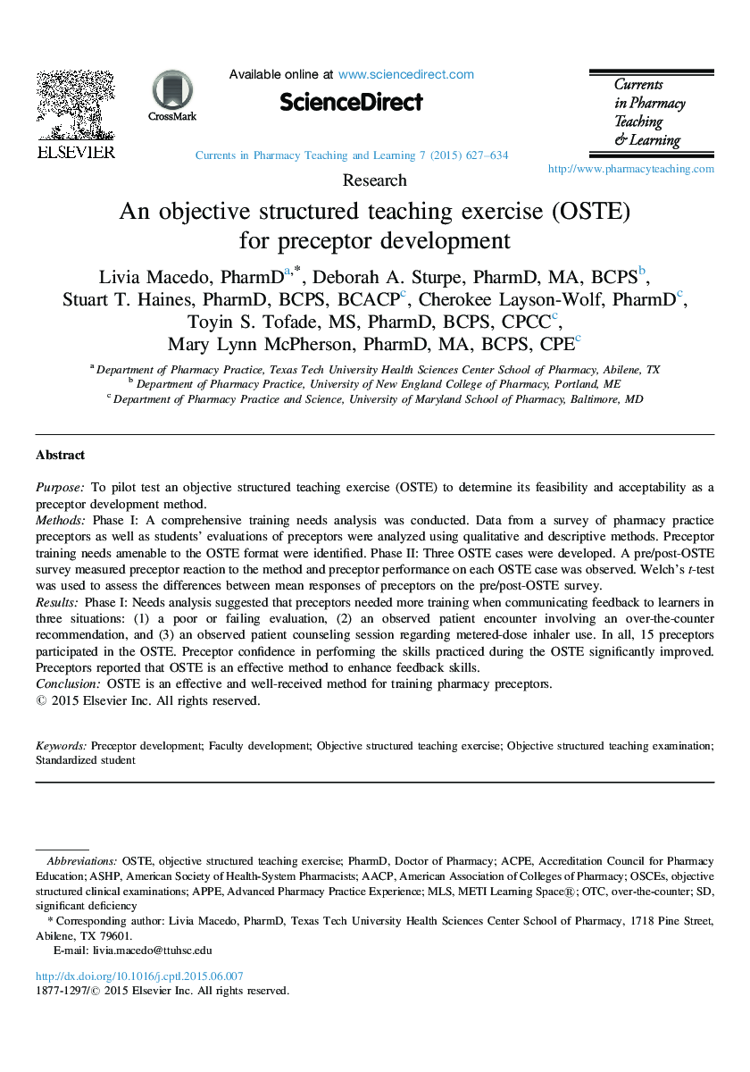 An objective structured teaching exercise (OSTE) for preceptor development