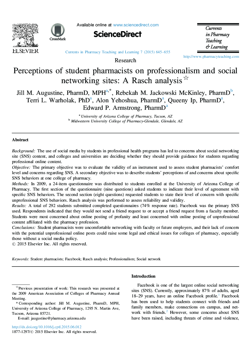 ادراکات داروسازان دانشجویی بر روی حرفه ای بودن و سایت های شبکه های اجتماعی: تحلیل راش 