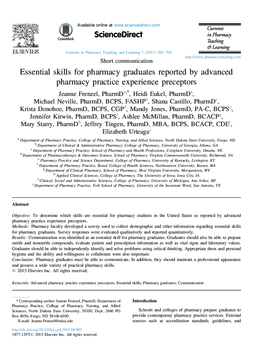 Essential skills for pharmacy graduates reported by advanced pharmacy practice experience preceptors