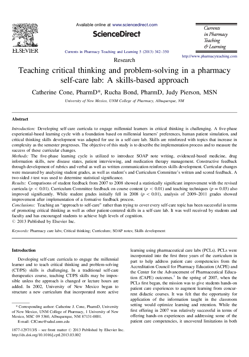 Teaching critical thinking and problem-solving in a pharmacy self-care lab: A skills-based approach