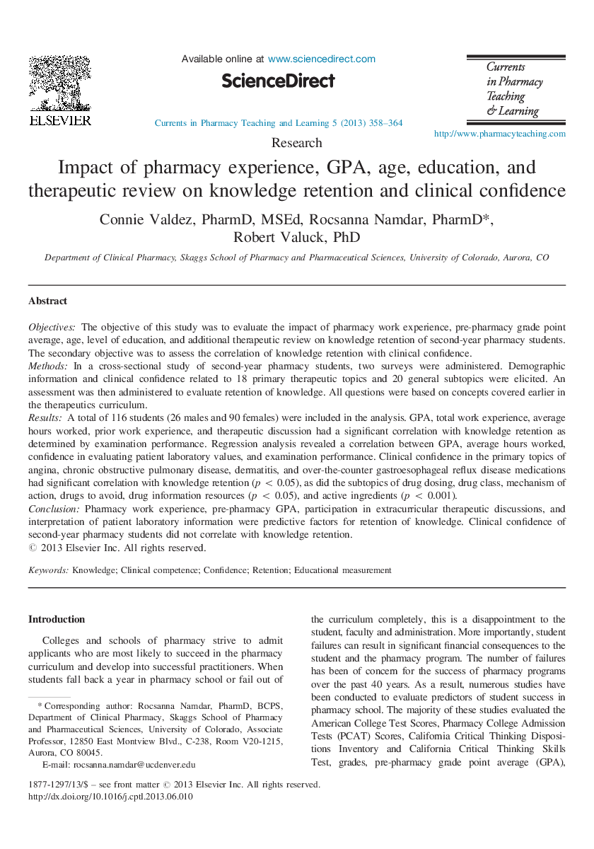 Impact of pharmacy experience, GPA, age, education, and therapeutic review on knowledge retention and clinical confidence