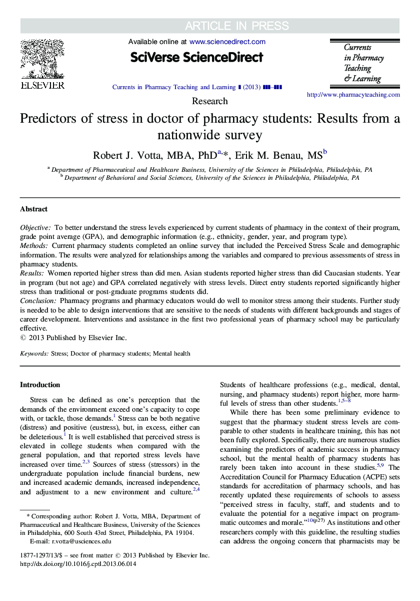 Predictors of stress in doctor of pharmacy students: Results from a nationwide survey