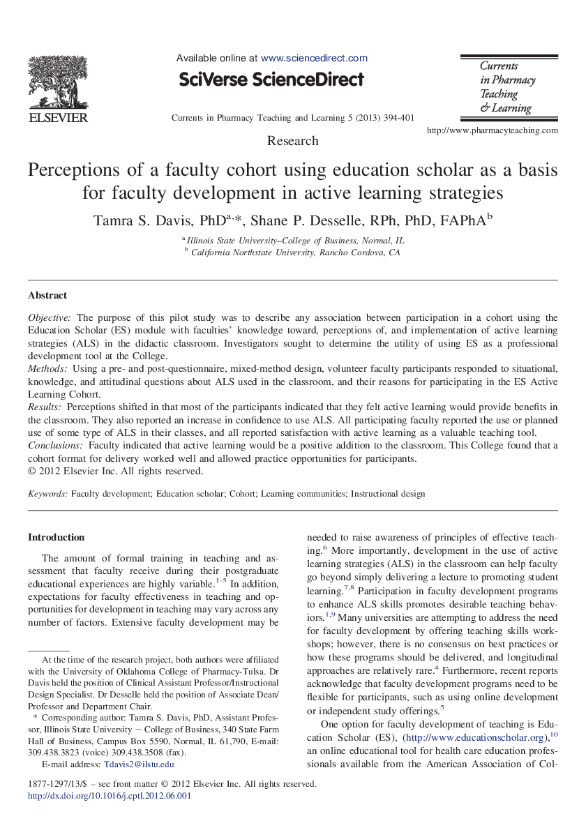 Perceptions of a faculty cohort using education scholar as a basis for faculty development in active learning strategies