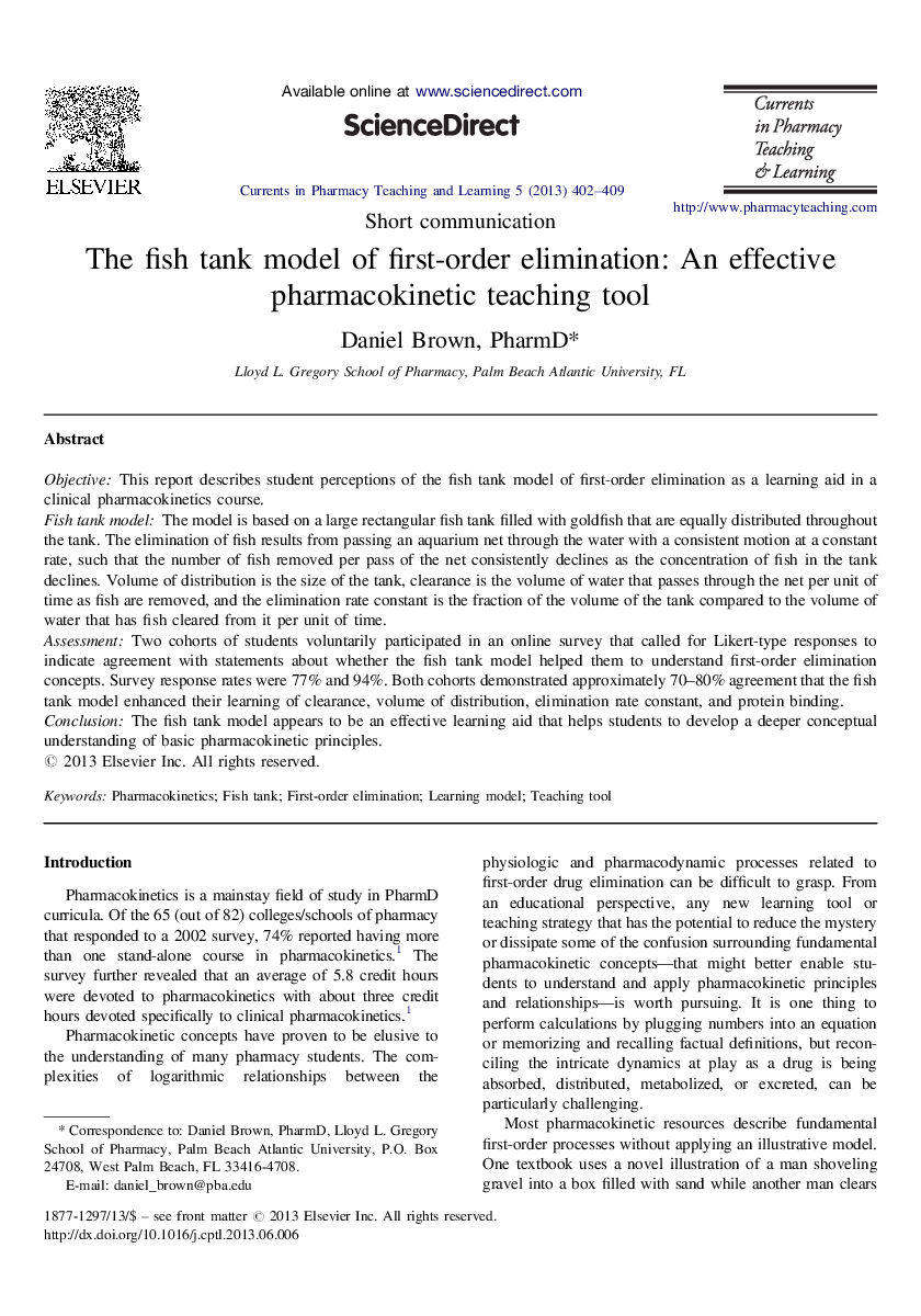 The fish tank model of first-order elimination: An effective pharmacokinetic teaching tool