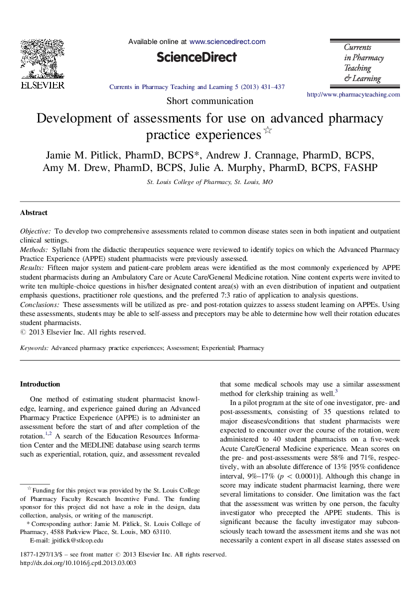 Development of assessments for use on advanced pharmacy practice experiences