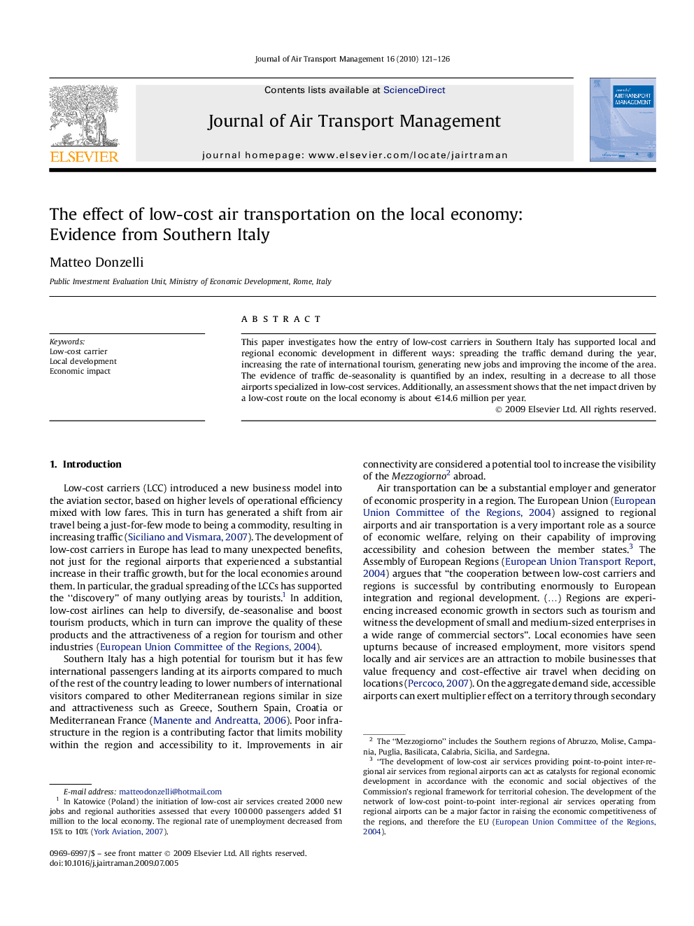 The effect of low-cost air transportation on the local economy: Evidence from Southern Italy