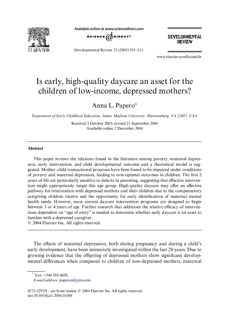 Is early, high-quality daycare an asset for the children of low-income, depressed mothers?