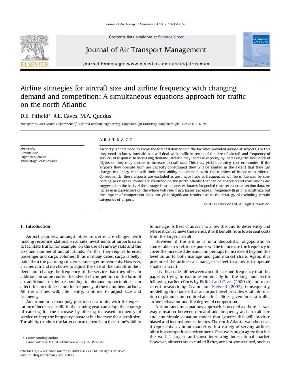 Airline strategies for aircraft size and airline frequency with changing demand and competition: A simultaneous-equations approach for traffic on the north Atlantic