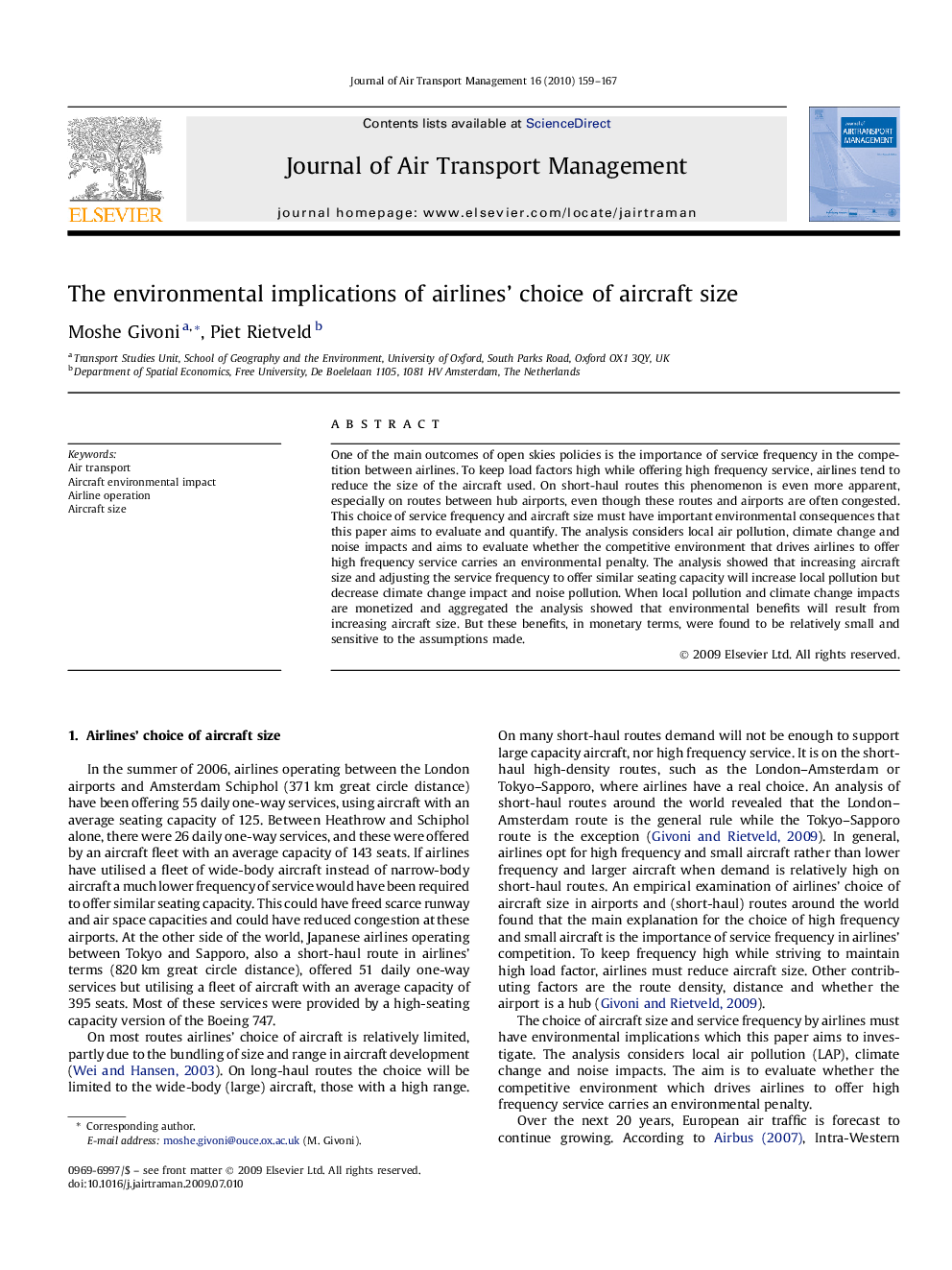 The environmental implications of airlines' choice of aircraft size