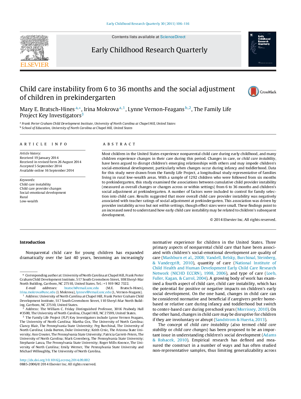 Child care instability from 6 to 36 months and the social adjustment of children in prekindergarten