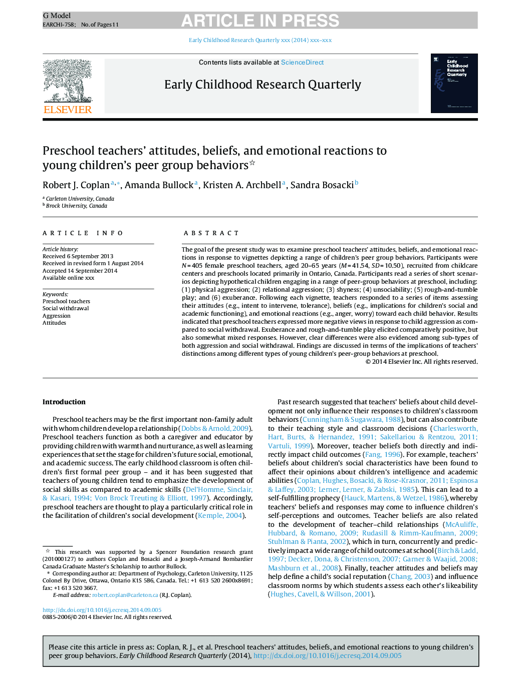 Preschool teachers' attitudes, beliefs, and emotional reactions to young children's peer group behaviors