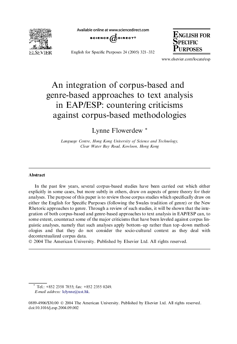 An integration of corpus-based and genre-based approaches to text analysis in EAP/ESP: countering criticisms against corpus-based methodologies