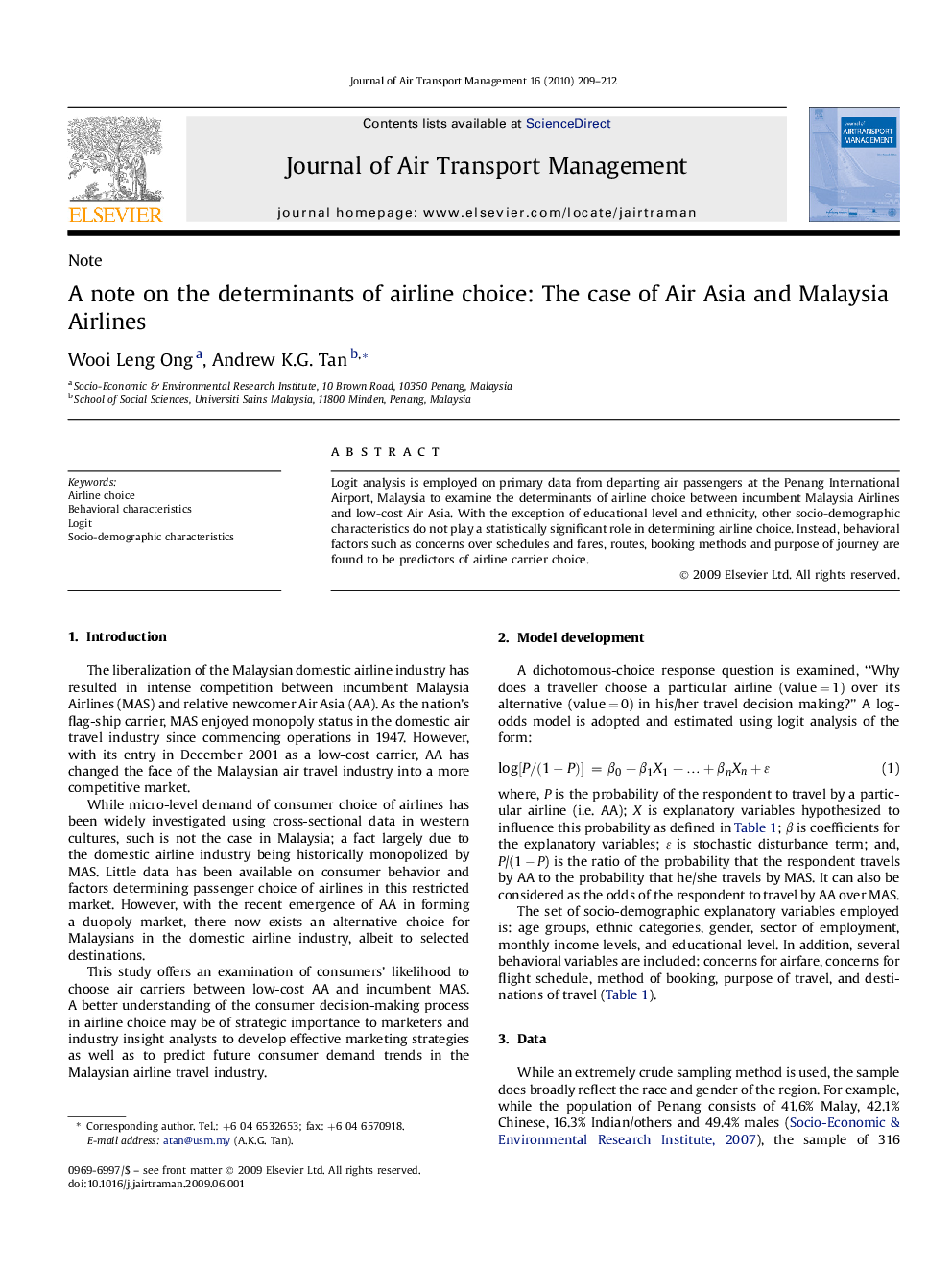 A note on the determinants of airline choice: The case of Air Asia and Malaysia Airlines