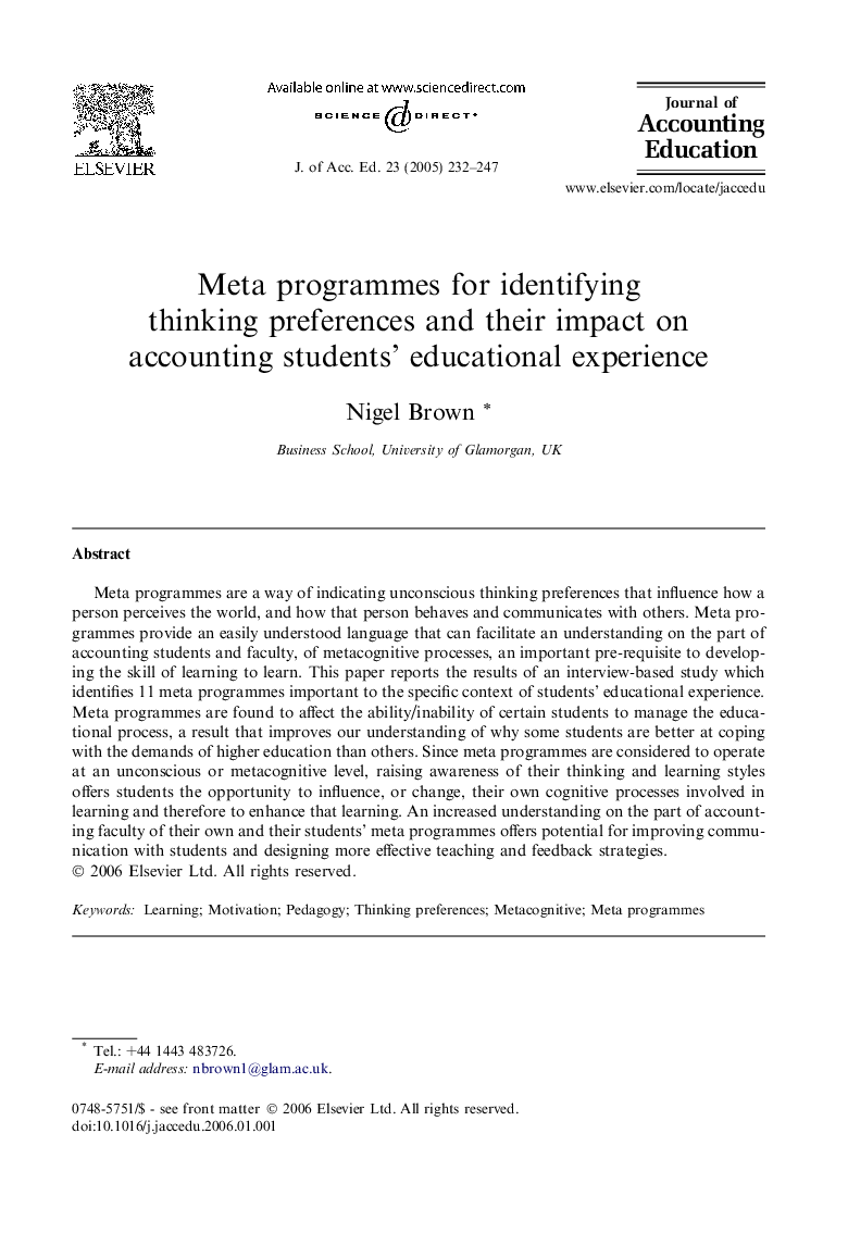 Meta programmes for identifying thinking preferences and their impact on accounting students' educational experience