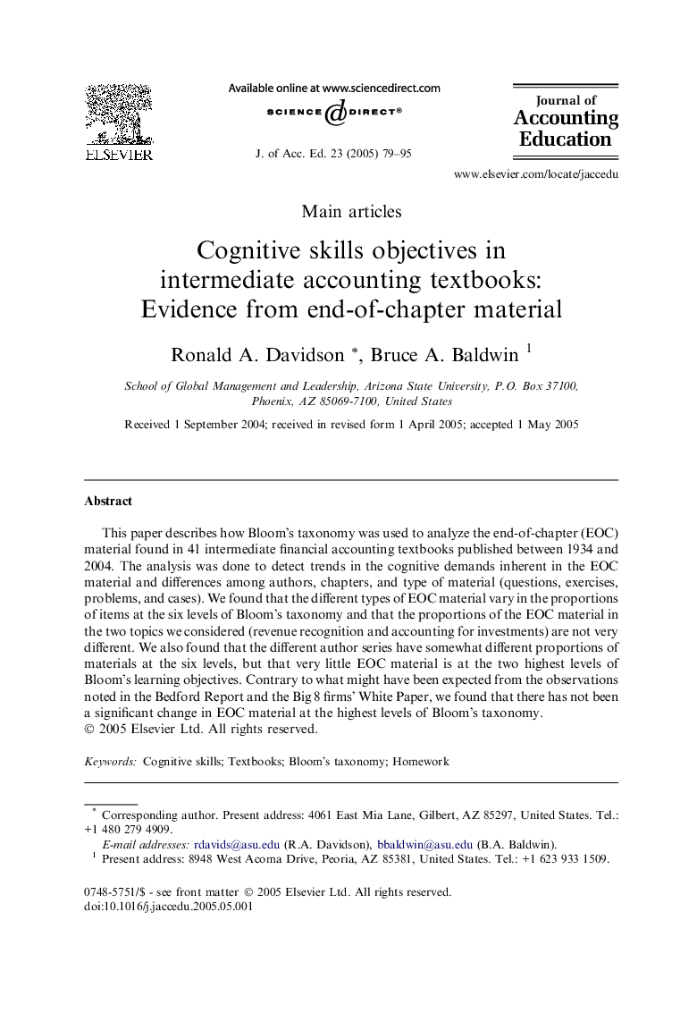 Cognitive skills objectives in intermediate accounting textbooks: Evidence from end-of-chapter material