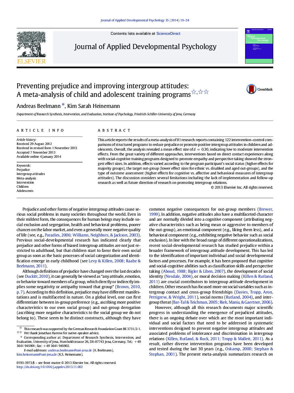 Preventing prejudice and improving intergroup attitudes: A meta-analysis of child and adolescent training programs