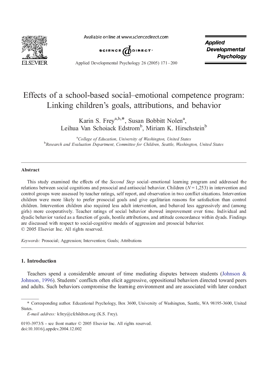 Effects of a school-based social-emotional competence program: Linking children's goals, attributions, and behavior