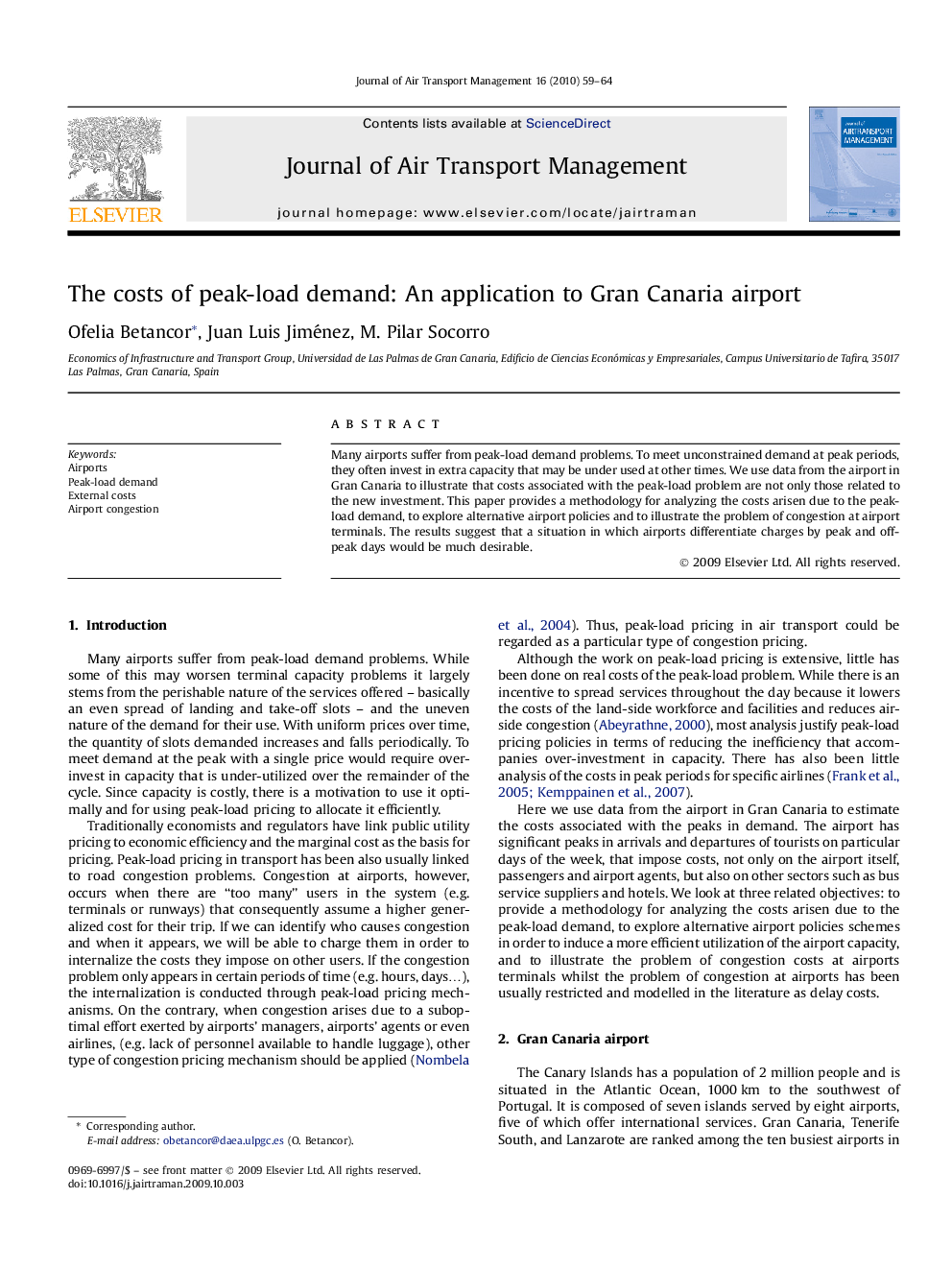 The costs of peak-load demand: An application to Gran Canaria airport