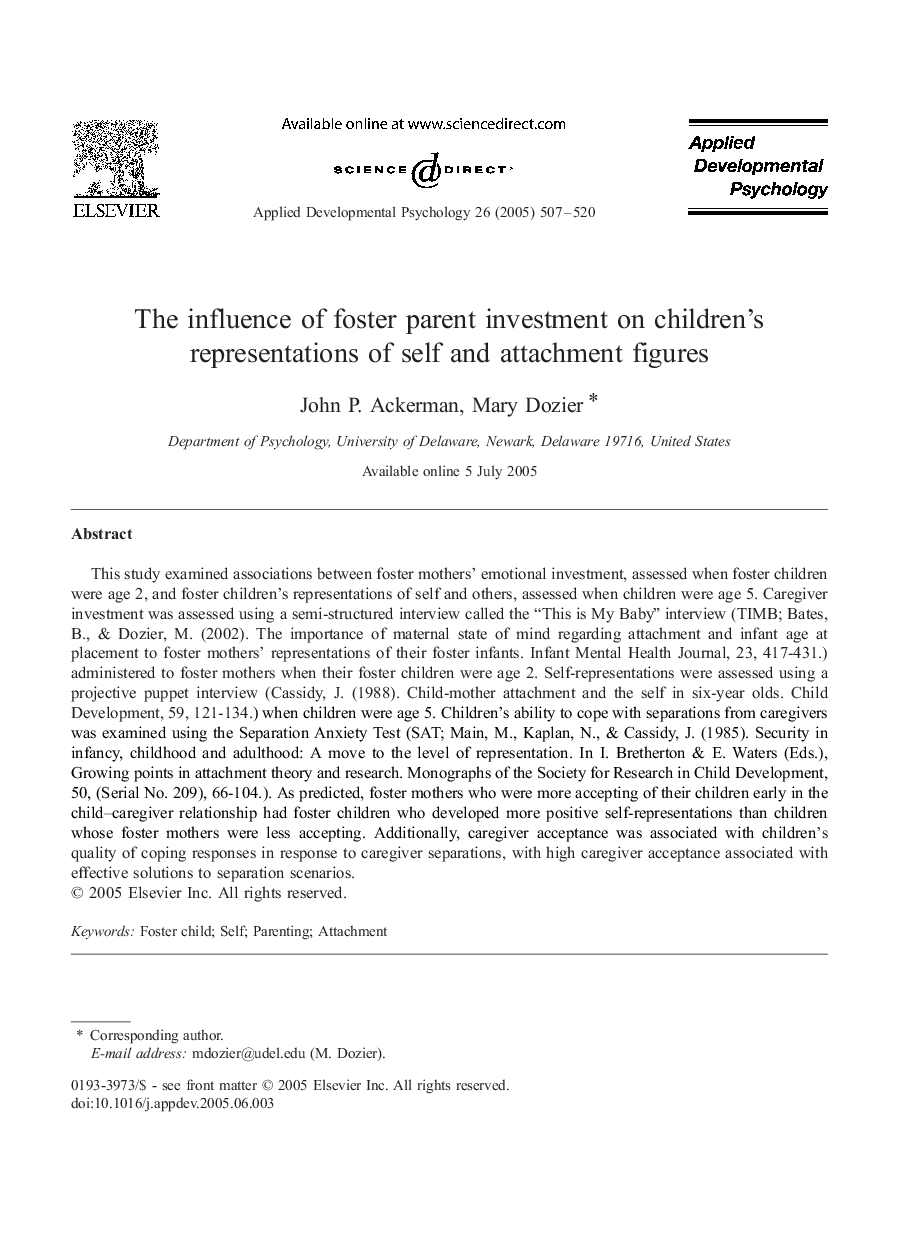 The influence of foster parent investment on children's representations of self and attachment figures