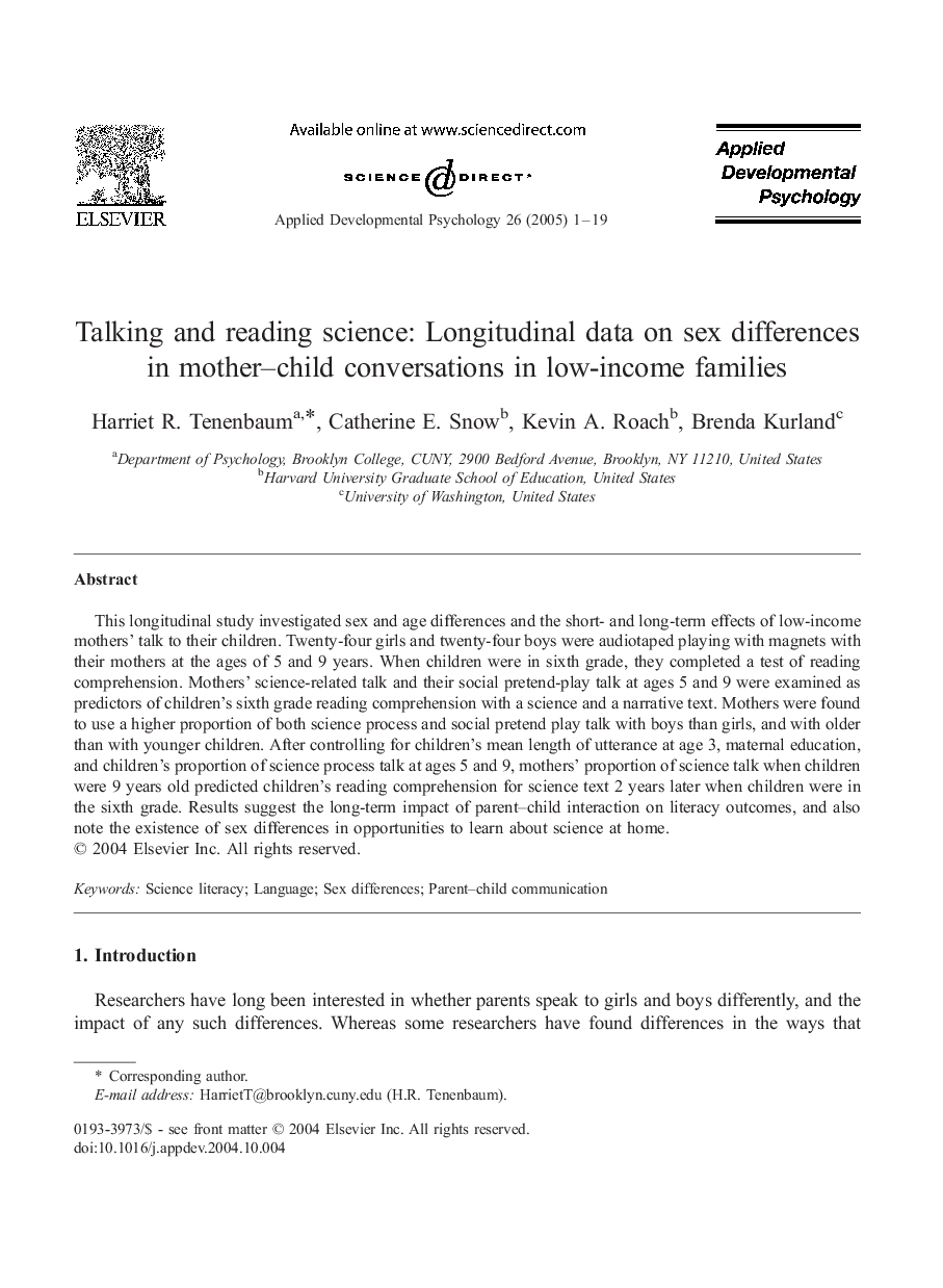 Talking and reading science: Longitudinal data on sex differences in mother-child conversations in low-income families
