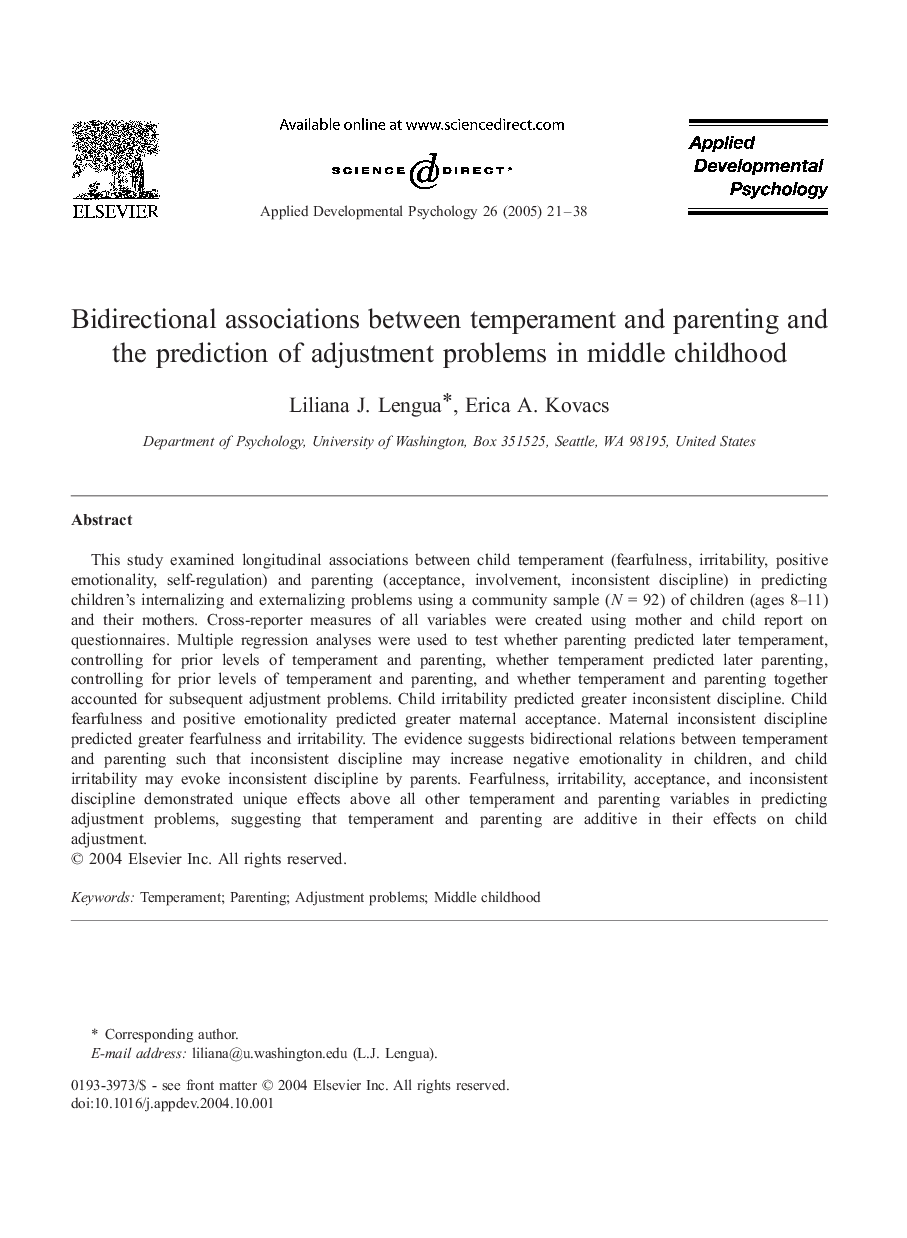 Bidirectional associations between temperament and parenting and the prediction of adjustment problems in middle childhood