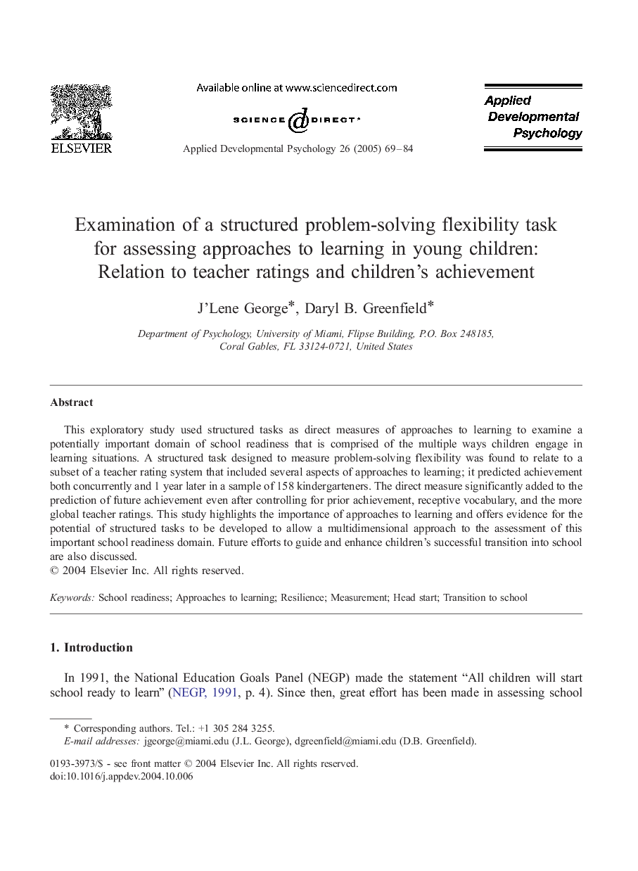 Examination of a structured problem-solving flexibility task for assessing approaches to learning in young children: Relation to teacher ratings and children's achievement