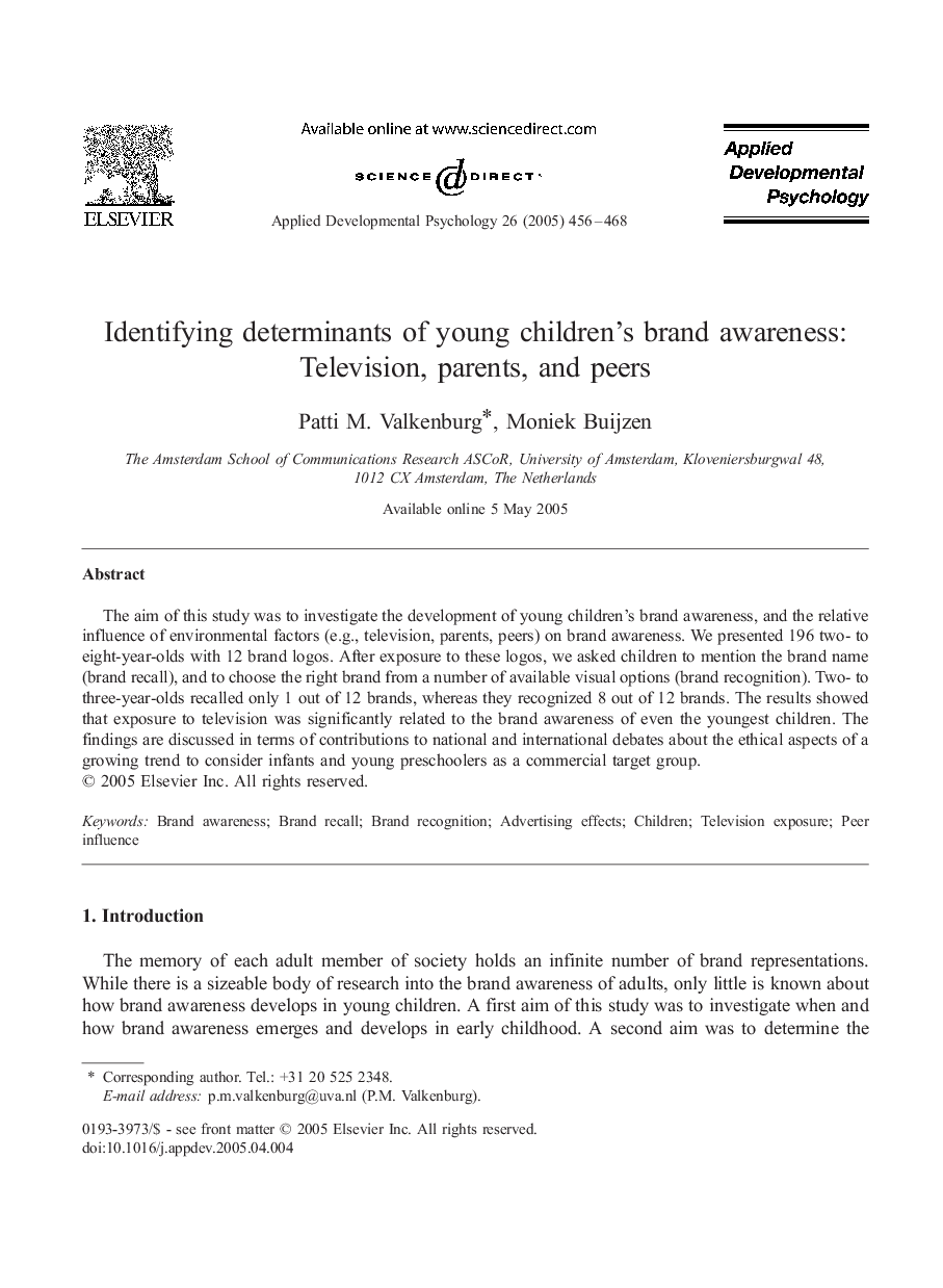 Identifying determinants of young children's brand awareness: Television, parents, and peers